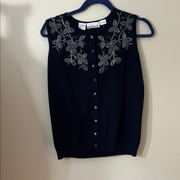 NWOT Anne Klein Dark Blue Cardigan Vest with Metallic Beaded Details - Picture 1 of 3